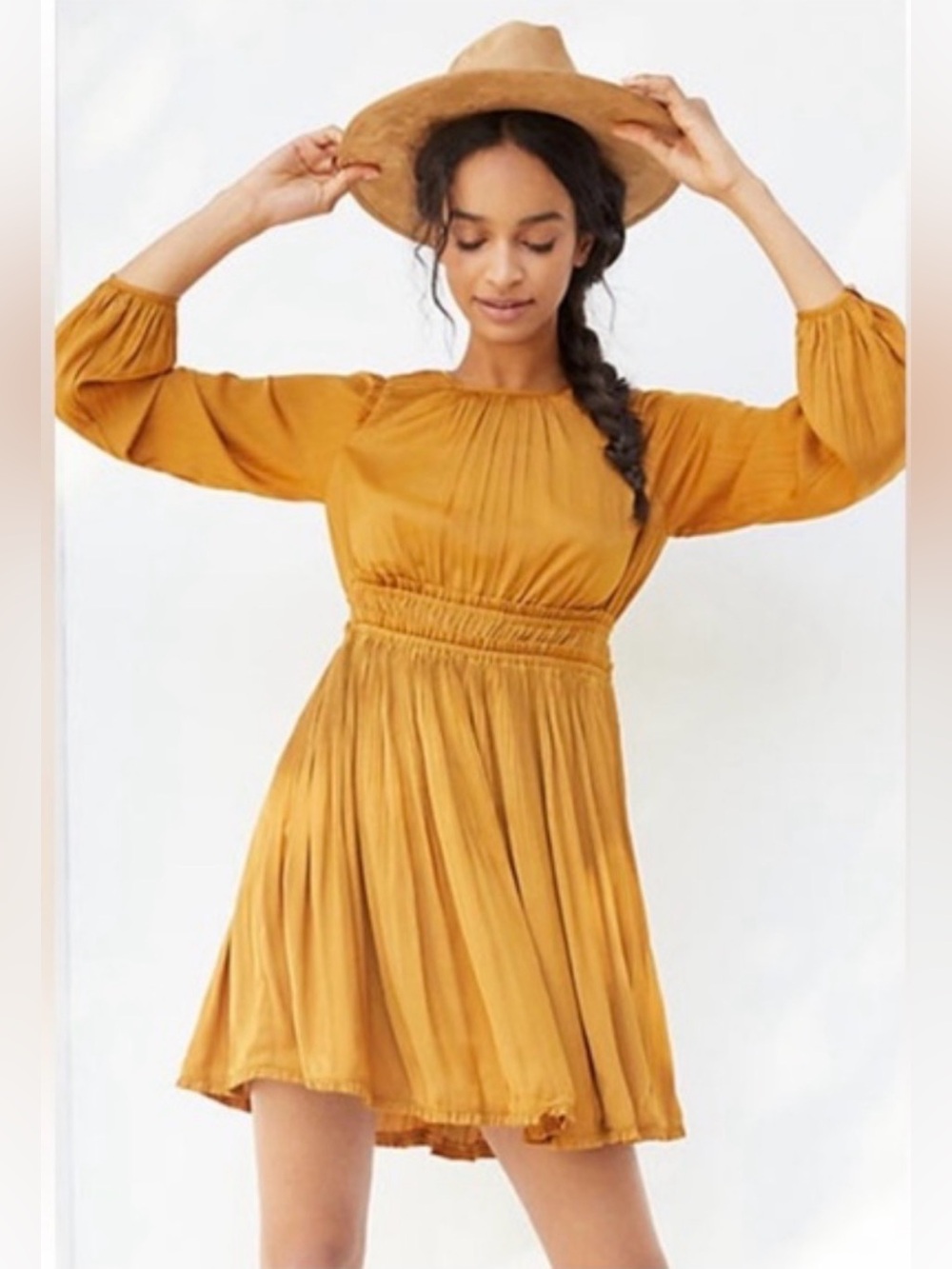 Anthropologie Maeve Saniya Pleated Mini Dress Gold Mustard